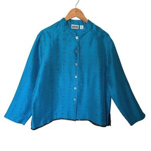 Vintage Chico's 100% Silk Chinese Print Top Mandarin Collar Blue Art To Wear XL